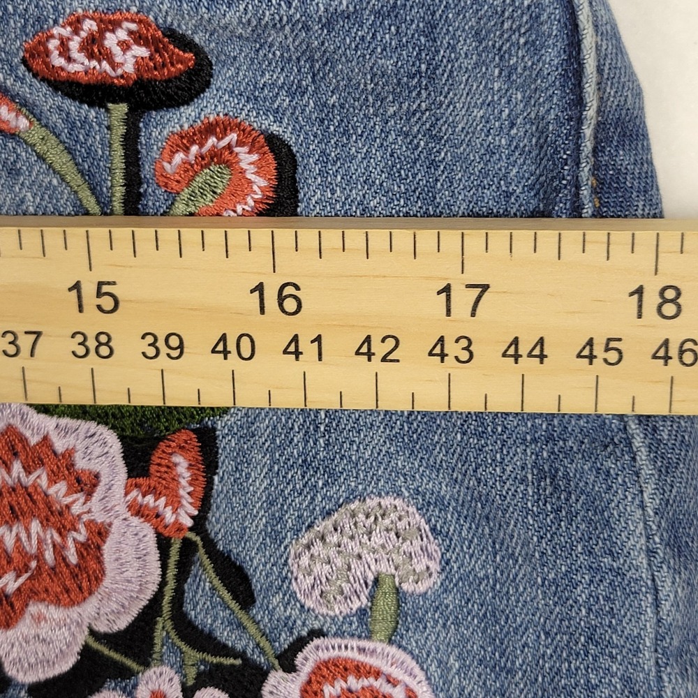 For the Republic Floral Embroidered Denim Mini Skirt Size 8 Boho Y2K Raw Hem - Picture 10 of 11